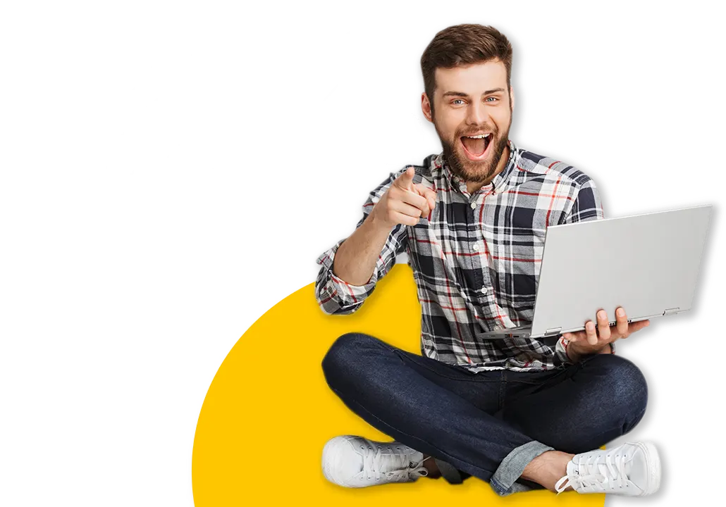 Hombre alegre sentado con laptop en las manos iconos de tecnología webstore